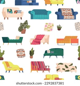 Seamless Pattern with Sofas. Tiled Background Design Features An Array Of Colorful Couches Arranged In Repeating Pattern