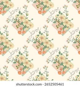 Seamless pattern of soft beige floral arrangements with handwritten "Love" text, perfect for romantic themes and stationery.