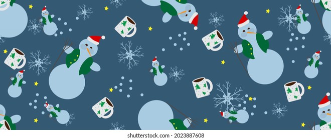 Seamless pattern in soft blue with drawings of snowmen, snowflakes, stars and cups with drinks. Vector illustration for New Year, Christmas and other winter holidays.