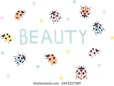Patrón sin fisuras con color suave y dibujos animados de mariquita en el vector de fondo blanco, carta de belleza