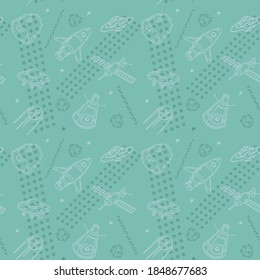 Seamless pattern in soft colors on space theme, rockets, asteroids, rescue capsules, satellites