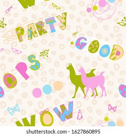 seamless pattern in soft colors with silhouettes of llamas and inscriptions good, llama, wow, party. bright and fun pattern for children and teenagers, young people.