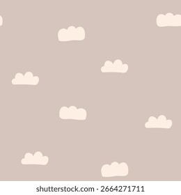 Padrão contínuo com nuvens de creme macio em um fundo taupe quente. Design de céu minimalista e bonito para decoração de berçário, tecidos infantis ou projetos de chá de bebê.
