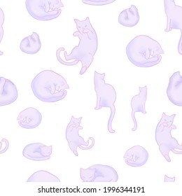 Seamless pattern with soft cute pastel cats on white background. Vector EPS 10