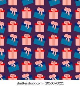 Seamless pattern with soft green and blu gift boxes. Cute holiday print. Vector hand drawn illustration