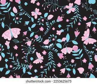 seamless pattern of soft green leaves and pink butterflies with flowers on black background , repeatable pattern for gifts paper or print on fabric