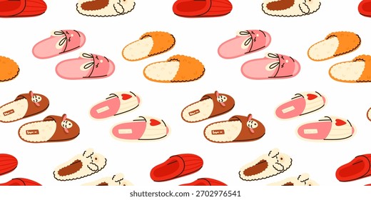 Padrão contínuo de chinelos de casa macia. Sapatos caseiros confortáveis para crianças.