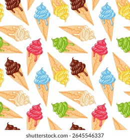 Padrão sem costura de cone de sorvete macio derretendo colher em vários sabores no estilo de desenho animado. Perfeito para fundo de verão, embalagem e design têxtil temático de alimentos.