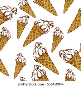 Seamless pattern of soft ice cream in a horn painted in retro style