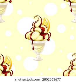 Seamless pattern from soft lemon ice cream with lemon wedge and topping in a bowl on a yellow background
