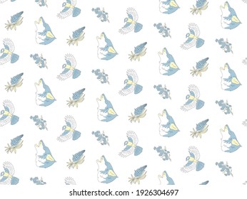 Seamless pattern in soft pastel colors. Made of icons of howling wolf, bird and flowers.