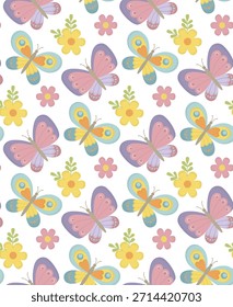 Patrón sin fisuras en tonos pastel suaves con delicadas mariposas y flores. Primavera o verano lindo fondo