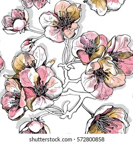 Seamless Pattern With Soft Pink And Gold Flowers Cherry On A White Background. Vector Illustration.