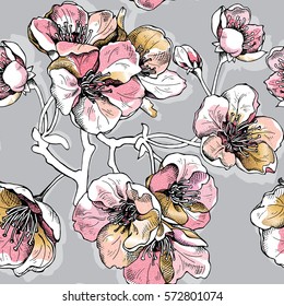 Padrão sem costura com flores rosa e douradas suaves cereja em um fundo cinza. Ilustração vetorial.