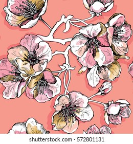 Seamless pattern with soft pink and gold flowers cherry on a apricot color background. Vector illustration.