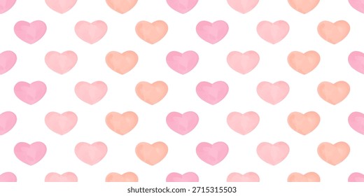 Patrón sin fisuras con corazones de acuarela de color rosa suave y melocotón sobre un fondo blanco. Textura romántica del día de San Valentín con sentimiento pastel suave y una sensación ligera y aireada de amor.