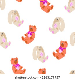 Seamless pattern with soft plush baby toys, flat vector illustration on white background. Repeating endless pattern for kids t-shirt and textile print design.