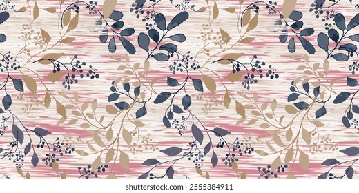 Seamless pattern of soft watercolor strokes with leaves and flowers on a linen textured background in soft neutral pink colors. Vector illustration