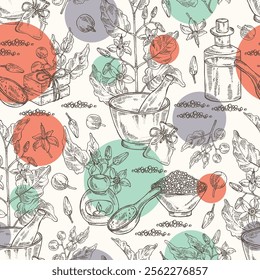 Seamless pattern with solanum indicum: brihati plant, leaves, solanum indicum flowers and solanum indicum berries. Brihati. Oil, soap and bath salt . Cosmetics and medical plant. Vector hand draw