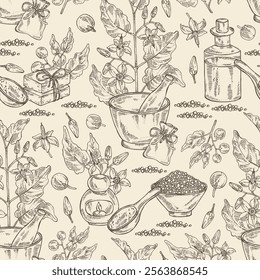 Seamless pattern with solanum indicum: brihati plant, leaves, solanum indicum flowers and solanum indicum berries. Brihati. Oil, soap and bath salt . Cosmetics and medical plant. Vector hand draw