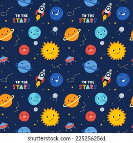 Seamless pattern with solar system kids cartoon. Rocket, UFO, planets Illustration, great for wallpaper, textile and texture design. Kids design, fabric, wrapping, apparel.