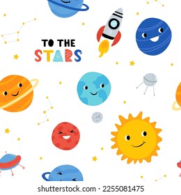 Seamless pattern with solar system kids cartoon. Rocket, UFO, planets Illustration, great for wallpaper, textile and texture design. Kids design, fabric, wrapping, apparel.
