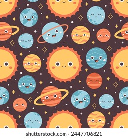Seamless pattern with Solar System and space. Cartoon planet characters. Vector illustration in flat style