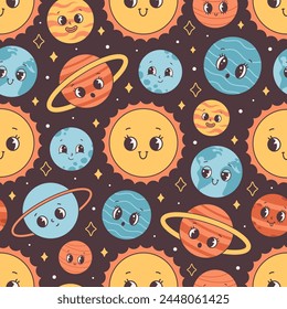 Seamless pattern with Solar System and space. Cartoon planet characters. Vector illustration in flat style