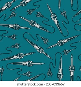 Seamless pattern of soldering irons in vintage style on dark turquoise background vector illustration