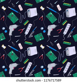 Seamless pattern. Soldering tools and devices. Printed circuit board, soldering iron, electronics, PC elements. Vector flat illustration. Design for wrapping, decoration, background.