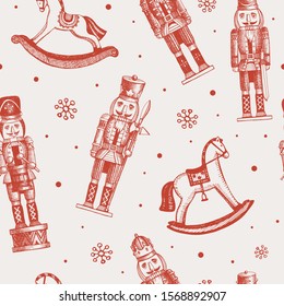 Seamless pattern with soldiers nutcrackers and rocking horses. New Year picture. It can be used to decorate holiday packages, wrapping paper, textiles. Vector illustration in engraving style.