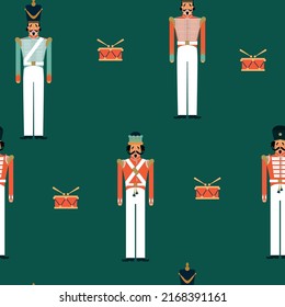 Seamless pattern with soldiers in retro uniform and drums on green background.