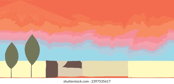 Seamless pattern, solid colours vector illustration of an abstract sunset in a simple retro style