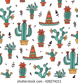 Seamless pattern with sombrero and cactuses. Vector illustration