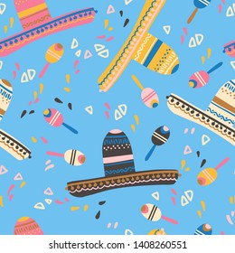 Seamless pattern with sombrero hat, maracas and decorative elements. Mexican children mood. Vector illustration.