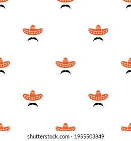 Seamless pattern with sombrero and mustache. Mexican hats ornament on white background. vector illustration. Cinco De Mayo wallpaper. 