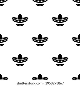 Seamless pattern with sombrero and mustache. Mexican hats ornament on white background. vector illustration. Cinco De Mayo wallpaper. 