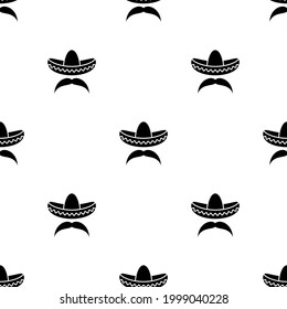 Seamless pattern with sombrero and mustache. Mexican hats ornament on white background. vector illustration. Cinco De Mayo wallpaper. 