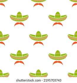 Seamless pattern with sombrero and mustache. Mexican hats ornament on white background. vector illustration. Cinco De Mayo wallpaper. 