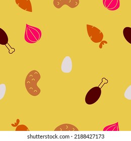 Seamless pattern of some cooking ingredients (carrot, potato, chicken, egg, and onion). Suitable for wallpaper, gift wrapping paper, backdrop, or textile