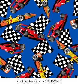 Seamless pattern of some racing cars on a blue background.