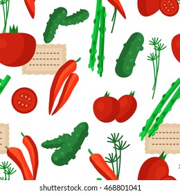 Seamless pattern with some tomatoes, cucumbers, peppers and asparagus