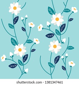  Seamless pattern of some white flower and leaf on blue background. 