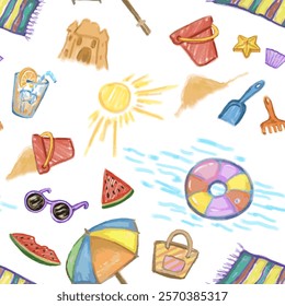 Seamless pattern. Sommer. Hand draw, pencil with texture. Vector, isolated. Sunglasses, bucket, sand molds, cloth, swimming ring, a bag and a cocktail, parasol. Bright, light and modern.