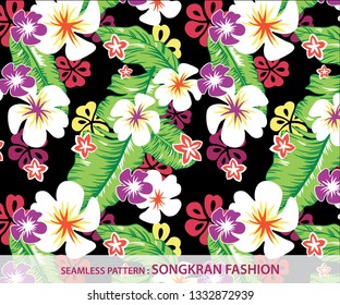 Seamless pattern of SONGKRAN shirt in black background. Famous festival at 14 April in Thailand (Traditional Thai New Year). Inspired by local flowers and leaves, vividly, brightly colored.