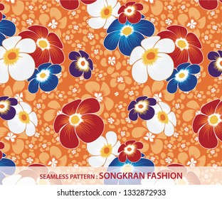 Seamless pattern of SONGKRAN shirt in orange background. Famous festival at 14 April in Thailand (Traditional Thai New Year). Inspired by local flowers and leaves, vividly, brightly colored.