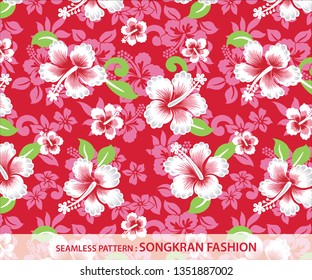 Seamless pattern of SONGKRAN shirt in red background. Famous festival at 14 April in Thailand (Traditional Thai New Year). Inspired by local flowers and leaves, vividly, brightly colored.