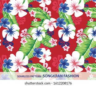 Seamless pattern of SONGKRAN shirt in red background. Famous festival at 14 April in Thailand (Traditional Thai New Year). Inspired by local flowers and leaves, vividly, brightly colored.