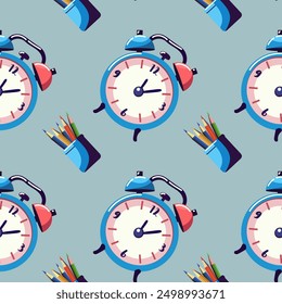 Patrón inconsútil pronto a la escuela, despertador, reloj, lápices, libros, despertador, manzana, aislado, Vector
