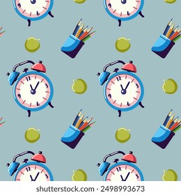 Seamless pattern soon to school, alarm clock, clock, pencils, books, alarm clock, apple, isolated, vector